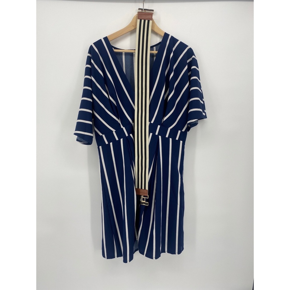 SHEIN Striped V-Neck Dress Womens XL Blue White Excellent Belted Short Sleeve